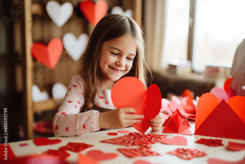 Smiling girl making paper valentine decorations for party in school class