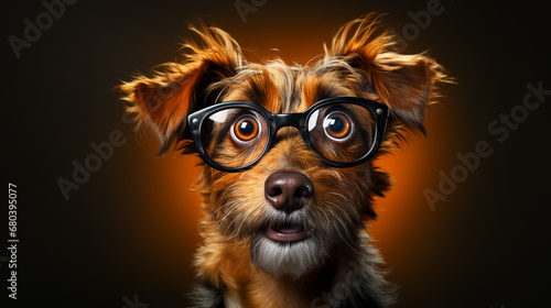 Portrait photo of dog wearing glasses with shocking face and wide open eyes. Frighten or surprised dog when look at something. Clever animal dog character concept.
