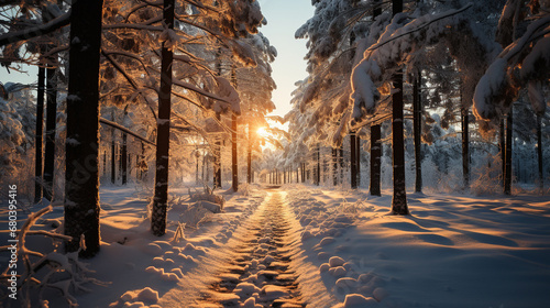 Landscape photos of beautiful road through winter pine forest trees with white snow in December of Arctic circle country. Generative AI