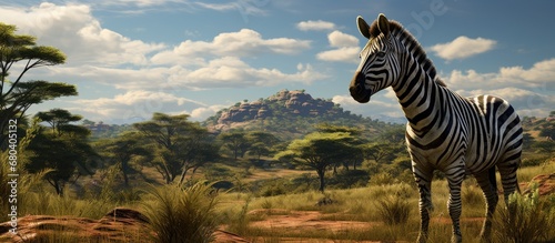 In the vast expanse of Africa's grassland, a majestic zebra, with its distinctive black and white stripes, gracefully grazes on the lush vegetation, blending seamlessly into the natural environment