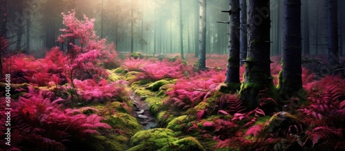 enchanting autumn forest, amidst the lush green grass and moss-covered soil, a vibrant pink plant stands tall, a testament to the bountiful harvest of organic food nurtured by the natural background