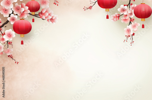 Chinese sakura tree and lantern for new year festival, happy chinese new year 2024 with flowers and lanterns