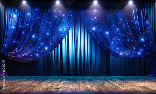 Digital AI orchestrates the drama on a stage wrapped in enchanting blue curtains.