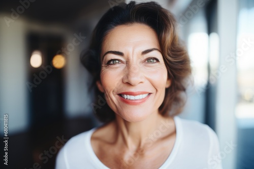 Headshot of a Smiling attractive Hispanic mature senior woman looking at the camera smiling