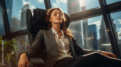 Woman in suit relaxing in office chair after meeting with downtown view