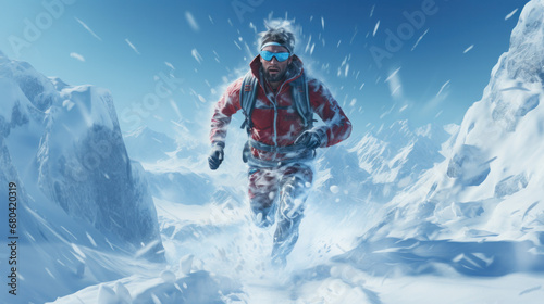 illustration of extreme situation, rescue service. Winter running in a mountain road.
