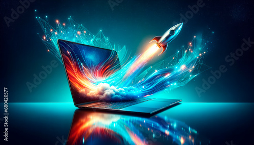 Rocket exiting laptop screen with abstract digital wave, Generative AI