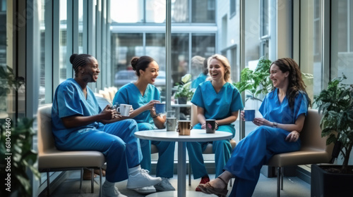 Female doctors drinking coffee with colleagues at a large table