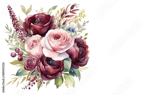 Beautiful watercolor floral arrangement with burgundy and pink flowers
