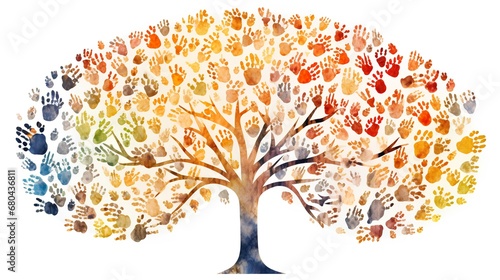 An artistic representation of a tree with branches made from a colorful mosaic of diverse human hands, symbolizing unity in diversity and individual identity.