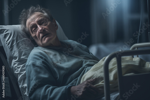 Portrait of an old lonely sick man lying on a bed in a hospital.