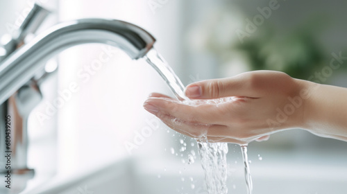 Woman washing hands under water tap. Self care and hygiene. Close up of female hand. Infection prevention. Liquid antibacterial soap and foam.