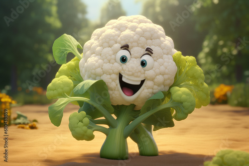 Cheerful animated cauliflower with a smile on its face in the vegetable garden.