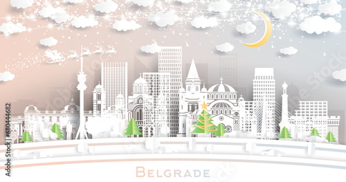 Belgrade Serbia. Winter city skyline in paper cut style with snowflakes, moon and neon garland. Christmas and new year concept. Santa Claus on sleigh. Belgrade cityscape with landmarks.
