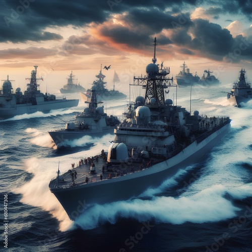 Combat military A fleet of naval ships.