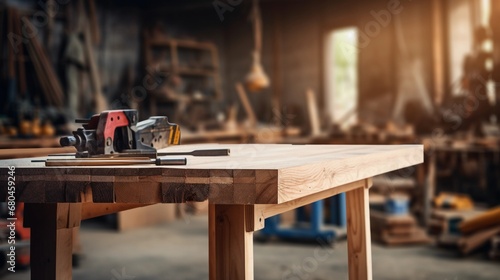 The interior of a carpentry workshop, an empty wooden table for carpenter work