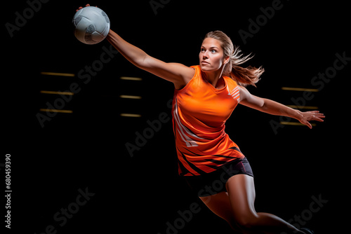 Agile handball player mid-air throw, intense sports match, athleticism 