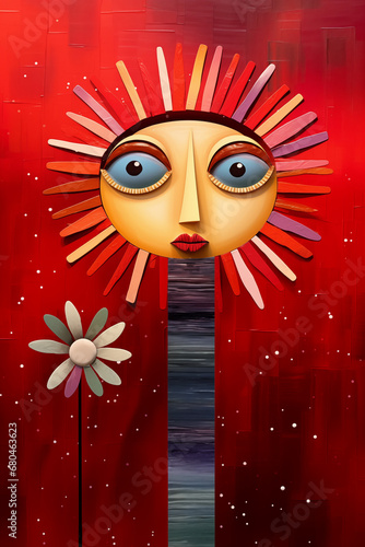 Spring princess flora the prettiest daisy flower in the blooming meadow, surreal radiant beauty - painterly art style with vibrant ravishing red and captivating sunset orange colors.
