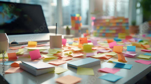 Sticky notes on the desk with laptop in the office, business concept