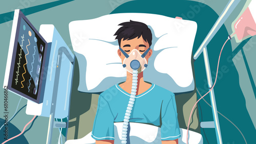 COVID patient man lying in hospital bed with oxygen mask for artificial lungs ventilation from coronavirus disease top view. Unconscious person with corona virus pneumonia flat vector illustration 