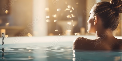 Beautiful woman relaxing in swimming pool at spa center. Luxury lifestyle - generative ai