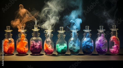 carnival glass in bottles with colorful smoke coming out of them, copy space, 16:9
