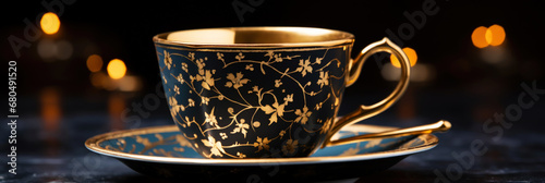 Retro vintage style empty cup with floral pattern and golden spoon. Side view. Dark background. Generative AI
