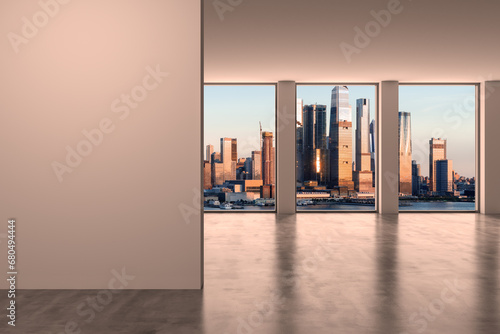 Midtown New York City Manhattan Skyline Buildings from High Rise Window. Mockup white wall. Real Estate. Empty room Interior Skyscrapers View Cityscape. Sunset. Hudson Yards West Side. 3d rendering