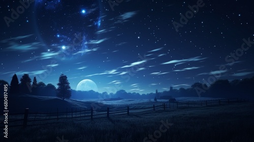 A serene moonlit night over Amazing Horse Farm, with horses silhouetted against the night sky.