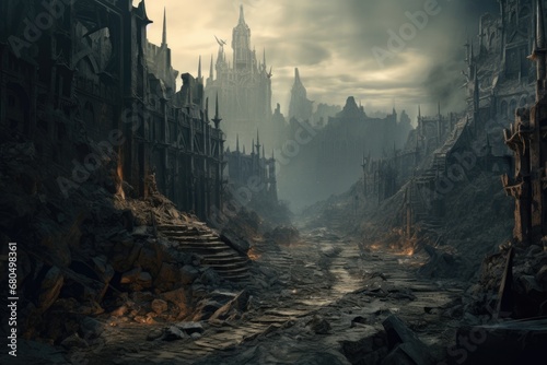 post apocalyptic ruined city with dark destroyed buildings and roads