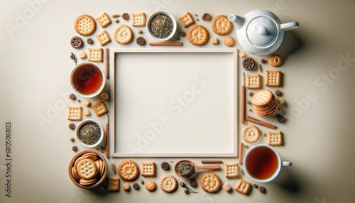 Neutral-toned image of a tea setup and cookies arranged around a blank frame on a smooth background