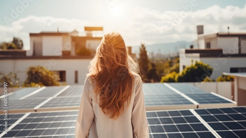 A young, environmentally conscious student gazes thoughtfully at a field of solar panels, contemplating a future powered by sustainable, renewable energy sources.