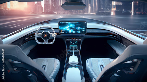 Futuristic autonomous vehicle cockpit. Interior of unmanned car cockpit with digital screens.