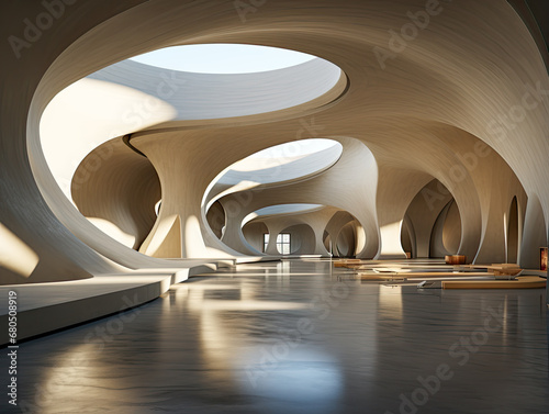 Serene mood in a curvilinear building with intense light, metaphysical interior, and minimalist stage designs. Concrete art and the style of concretism blend seamlessly.