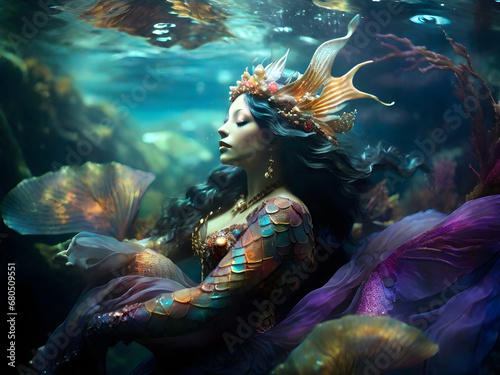 In a dreamlike collage of vivid colors and textures, a bewitching solarpunk selkie emerges from the tranquil depths of an enchanting underwater world 