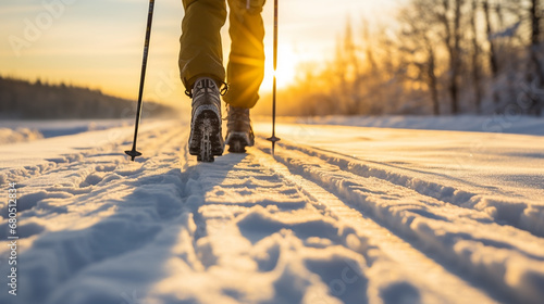 Detailed silhouette closeup photo of legs, skier walking on snow in the evening sundown woth direct sunlight from front 