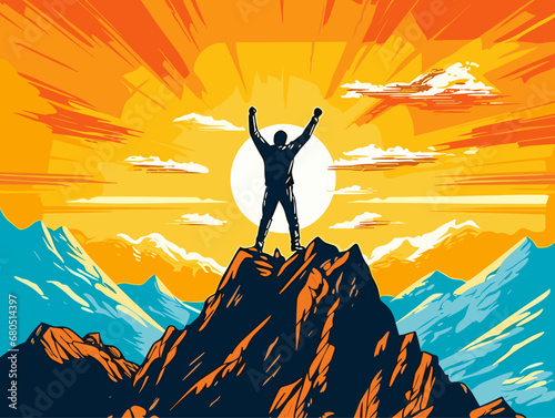 A Man Standing On A Mountain Top With His Arms Raised - success or champion man on mountain