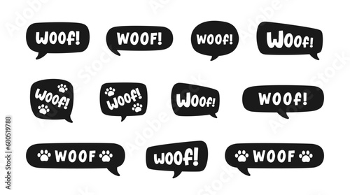 Woof text in a speech bubble balloon silhouette set. Cute cartoon comics dog bark sound effect and lettering. Vector illustration.