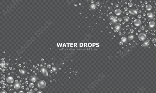 Wallpaper with realistic 3d pure water drops or condensation on surface. Widescreen banner with rain droplets or dew pattern as frame on transparent background. Aqua fresh banner with water texture