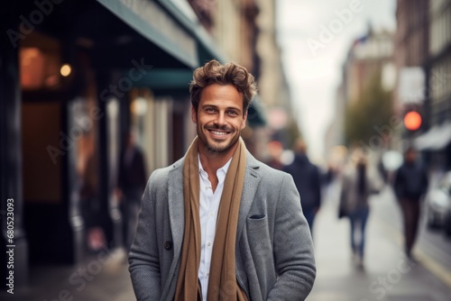 Portrait of a grinning man in his 30s wearing a chic cardigan against a busy urban street. AI Generation