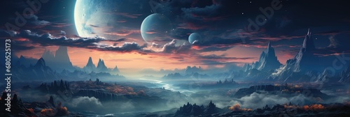 Panoramic views with mountains, rivers, trees and planets