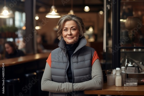 Portrait of a content woman in her 50s dressed in a thermal insulation vest against a bustling city cafe. AI Generation