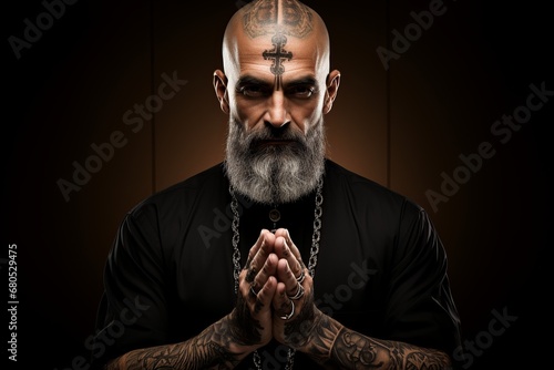 A portrait of a tattooed pastor, priest, rabbi, or imam, challenging traditional views of religious leadership, deep in thought.
