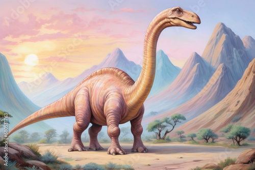 dinosaurio en paisajes con colores pastel