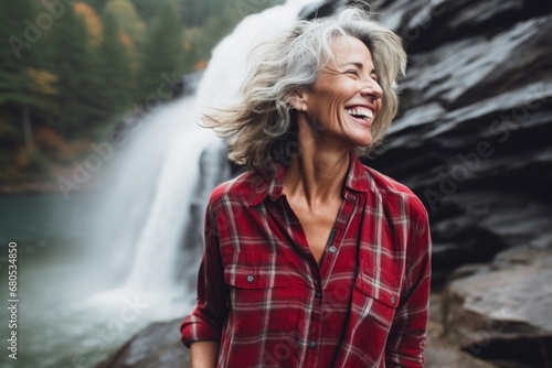 Portrait of a joyful woman in her 50s dressed in a relaxed flannel shirt against a backdrop of a spectacular waterfall. AI Generation