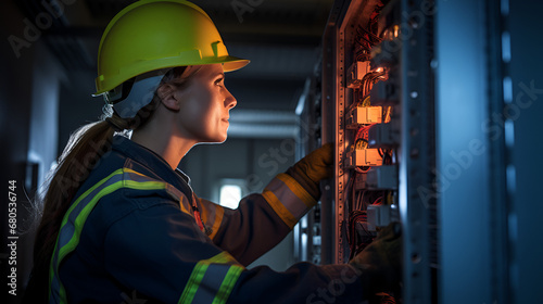 female commercial electrician at work on a fuse box, adorned in safety gear