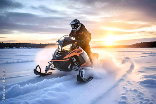 Snowmobiling on the frozen lake at sunset. Snowmobiling. Adventurous rides through snowy terrain