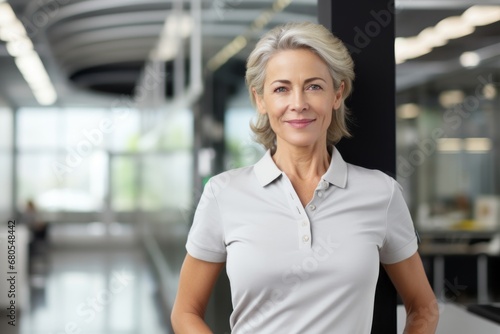 Portrait of a blissful woman in her 50s wearing a sporty polo shirt against a sophisticated corporate office background. AI Generation