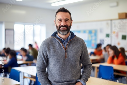 Portrait of a grinning man in his 40s wearing a thermal fleece pullover against a lively classroom background. AI Generation