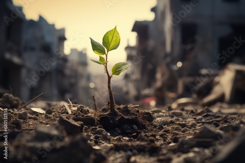 Fresh plant sprout emerging from the asphalt ruined city on the background